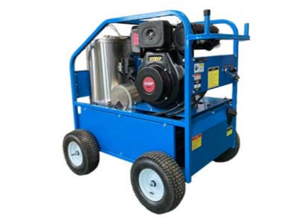 Hot water high-pressure jet cleaning machine with wheeled frame